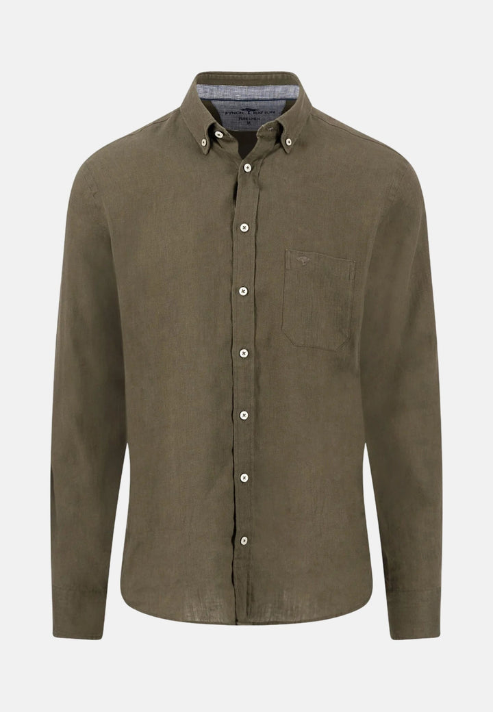 Fynch - Hatton Pure Linen Button Down Shirt Dark Khaki - 16136000-719-M - fynch - hatton.co.uk