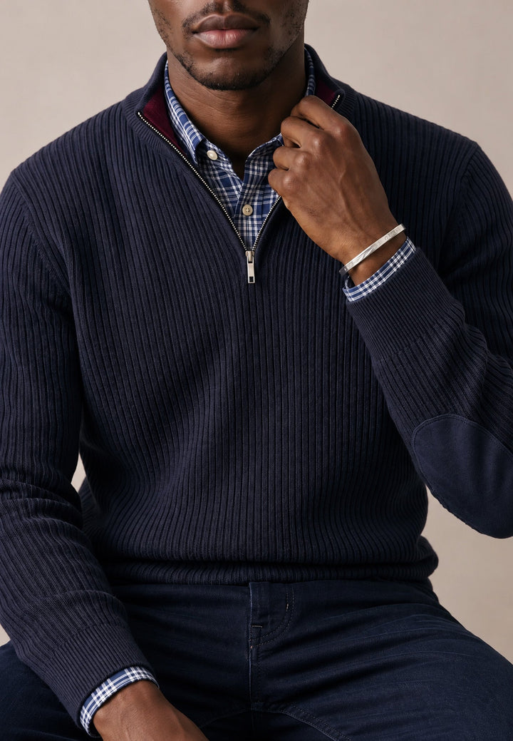Fynch-Hatton Ribbed Cotton 1/4 Zip Knit Navy 1608234-690-M
