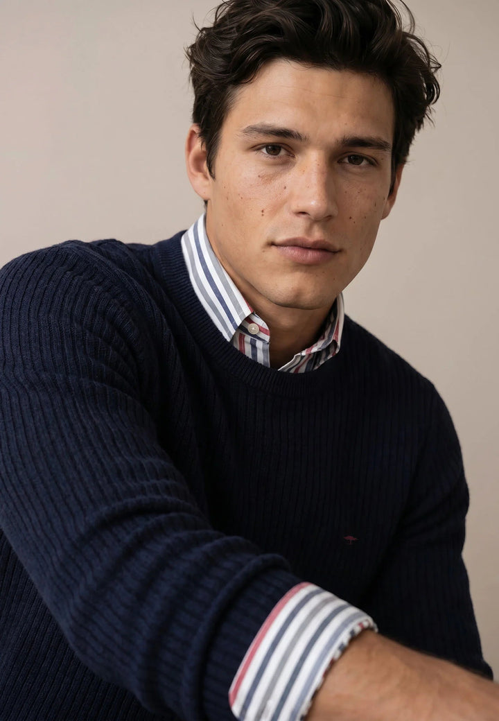 Fynch-Hatton Ribbed Cotton Crewneck Knit Navy 1608233-690-M