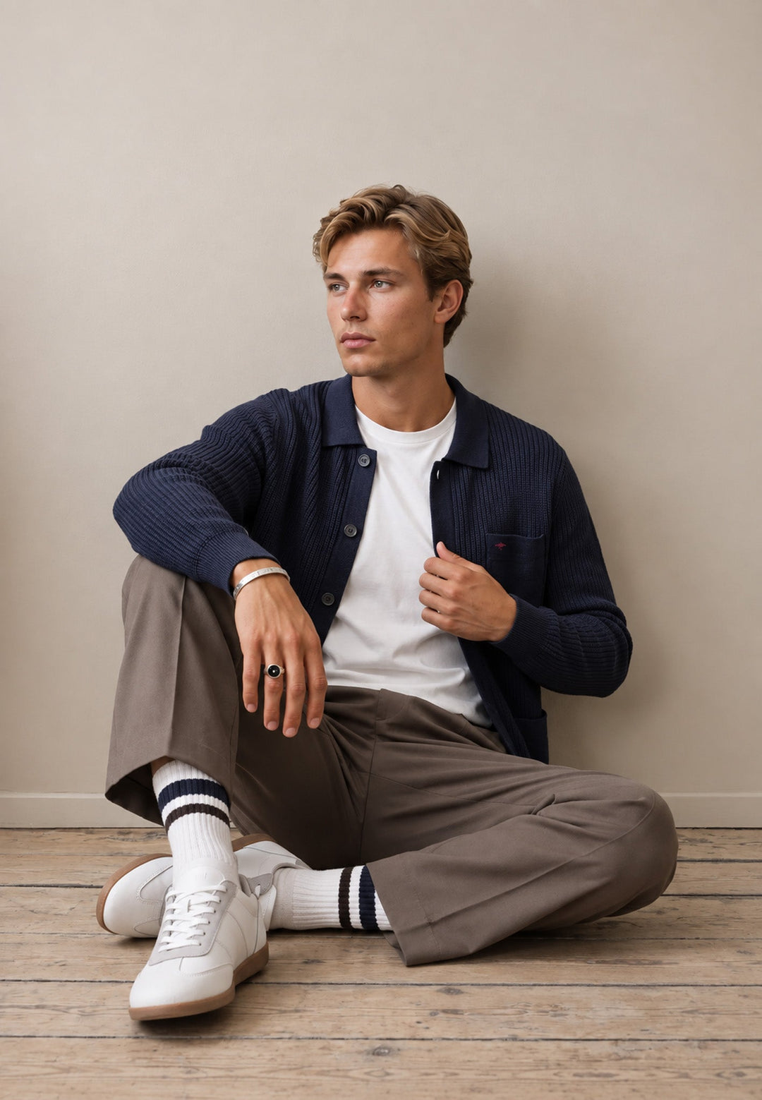 Fynch-Hatton Ribbed Fine Knit Cotton Cardigan Navy 1608236-690-M