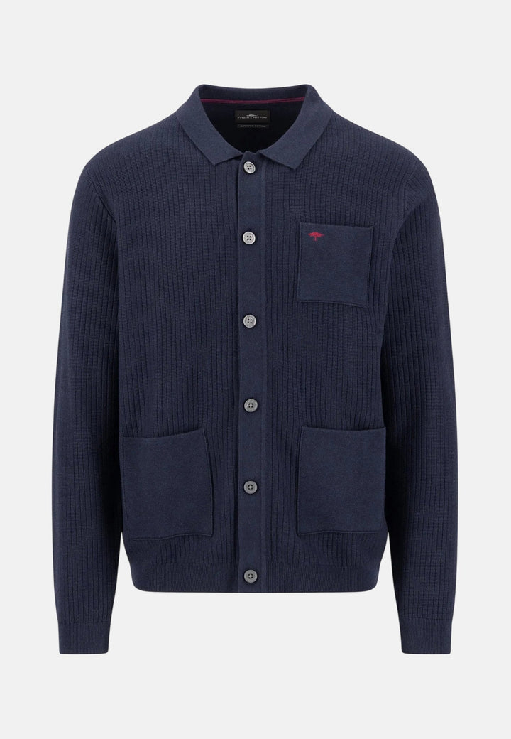 Fynch-Hatton Ribbed Fine Knit Cotton Cardigan Navy 1608236-690-M