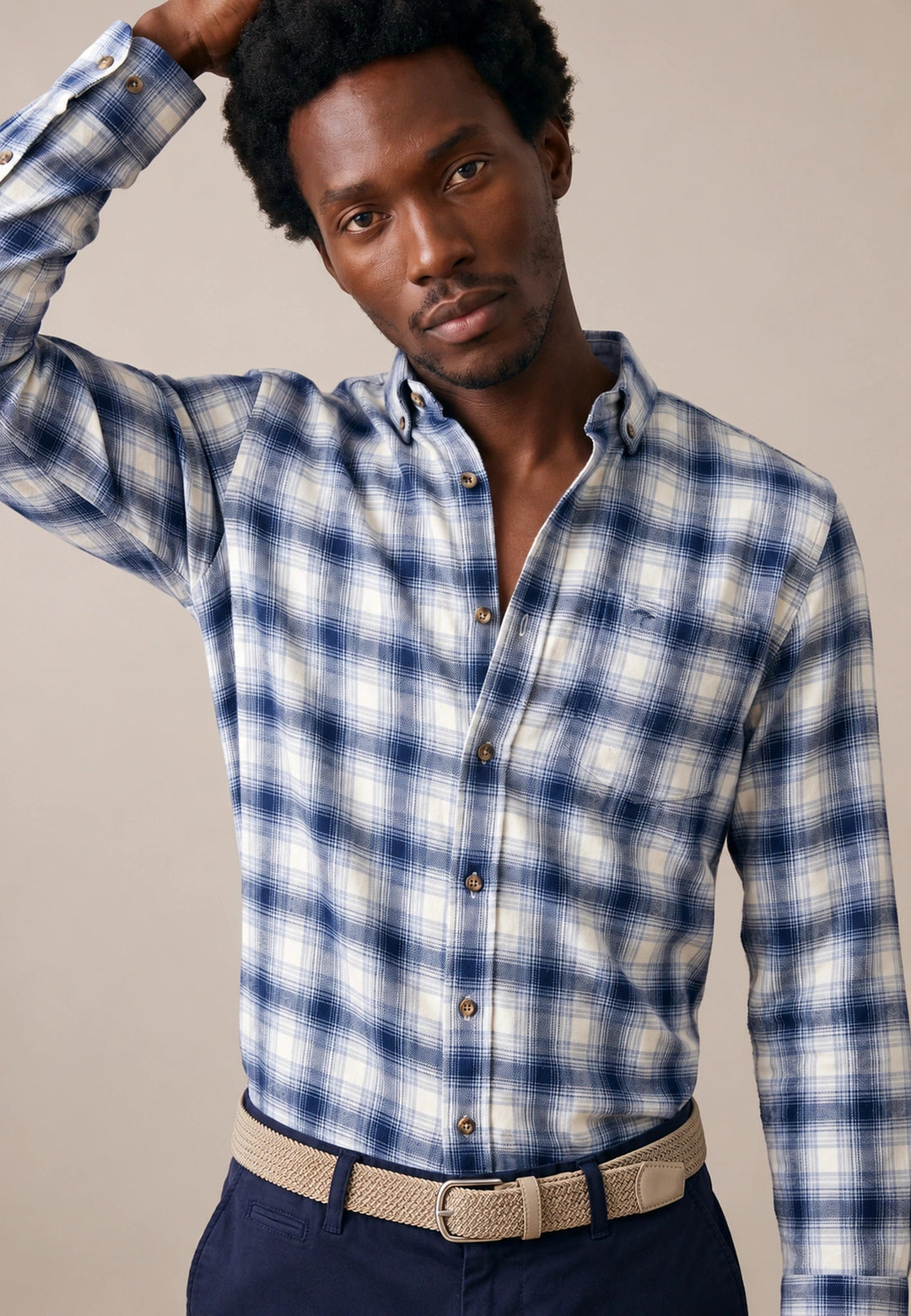 Fynch-Hatton Shadow Check Button Down Shirt Ink Blue 16096270-661-S