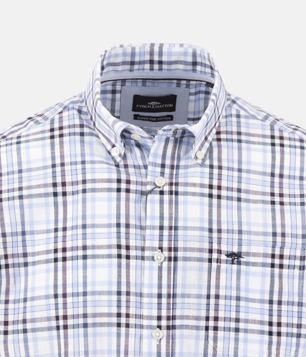 Fynch - Hatton Slub Check Button Down Short Sleeved Shirt Aubergine 16035921-342-M