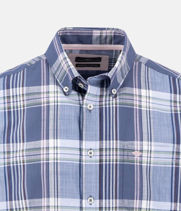 Fynch - Hatton Slub Check Button Down Short Sleeved Shirt Horizon Blue 16035911-655-M