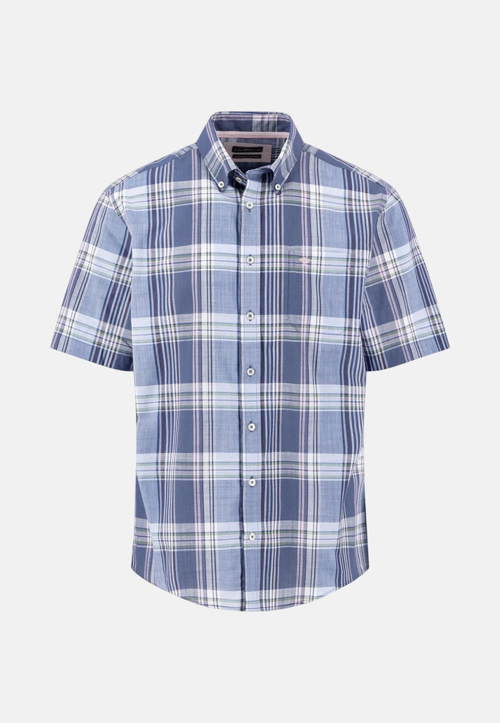 Fynch - Hatton Slub Check Button Down Short Sleeved Shirt Horizon Blue 16035911-655-M