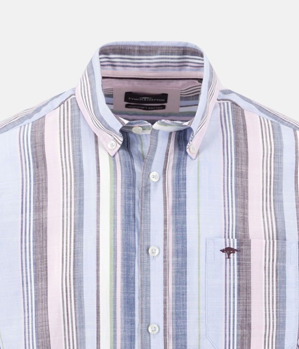 Fynch - Hatton Slub Stripe Button Down Short Sleeved Shirt Aubergine 16035931-342-M