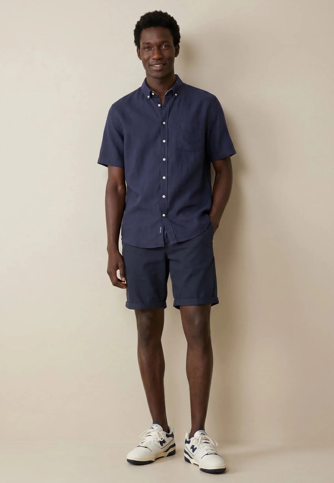 Fynch-Hatton Solid Slub Button Down Short Sleeved Shirt Navy 16048091-685-M