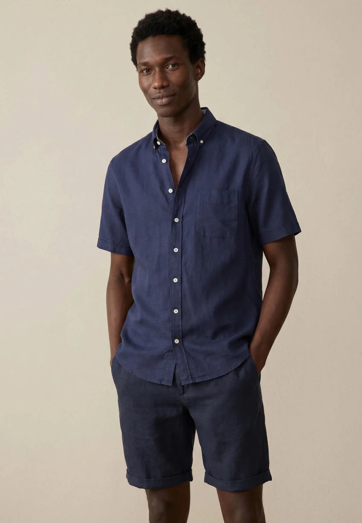 Fynch-Hatton Solid Slub Button Down Short Sleeved Shirt Navy 16048091-685-M
