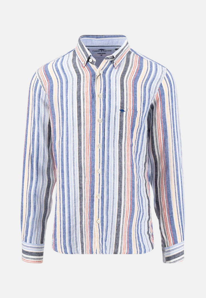 Fynch - Hatton Stripe Pattern Pure Linen Button Down Shirt Tangerine 16136040-212-M