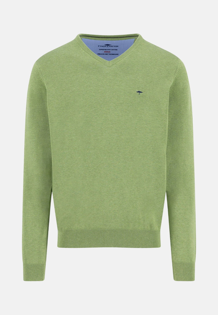 Fynch - Hatton V - Neck Fine Knit Cotton Sweater Avocado 1613211-740-M