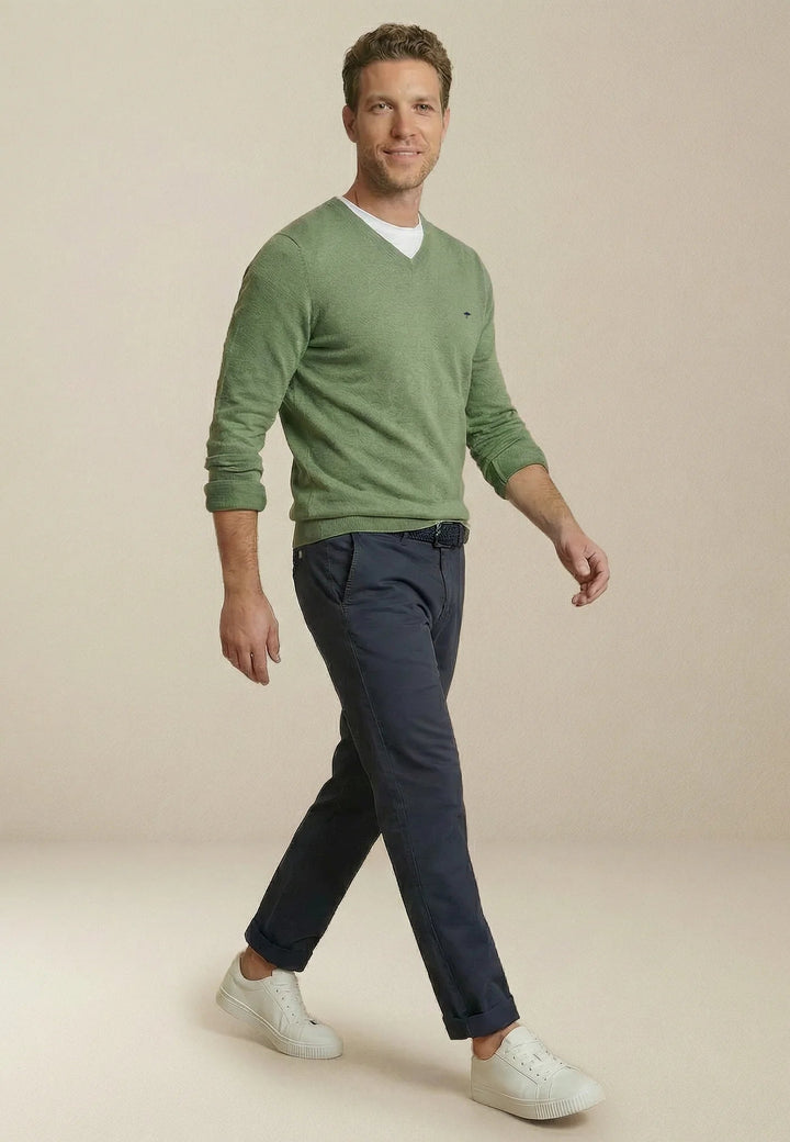 Fynch - Hatton V - Neck Fine Knit Cotton Sweater Avocado 1613211-740-M