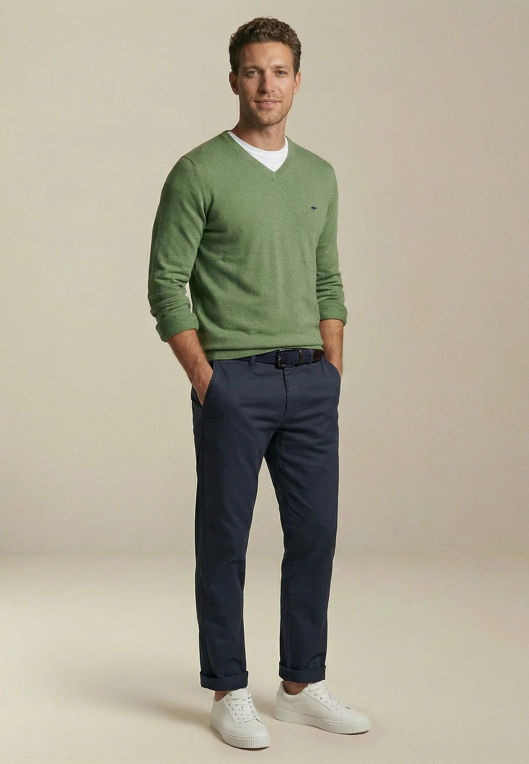 Fynch - Hatton V - Neck Fine Knit Cotton Sweater Avocado 1613211-740-M