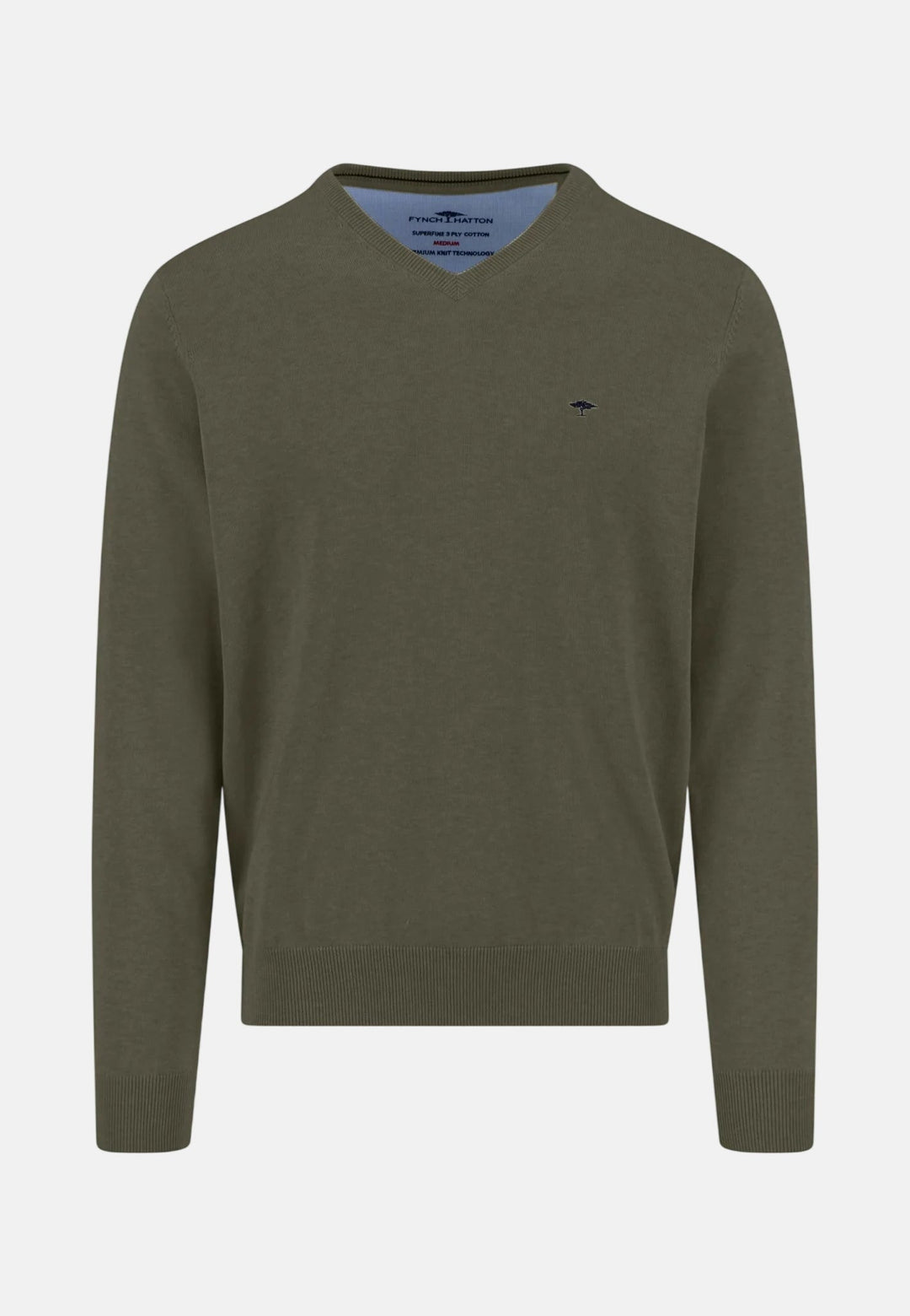 Fynch - Hatton V - Neck Fine Knit Cotton Sweater Dark Khaki - 1613211-719-M - fynch - hatton.co.uk