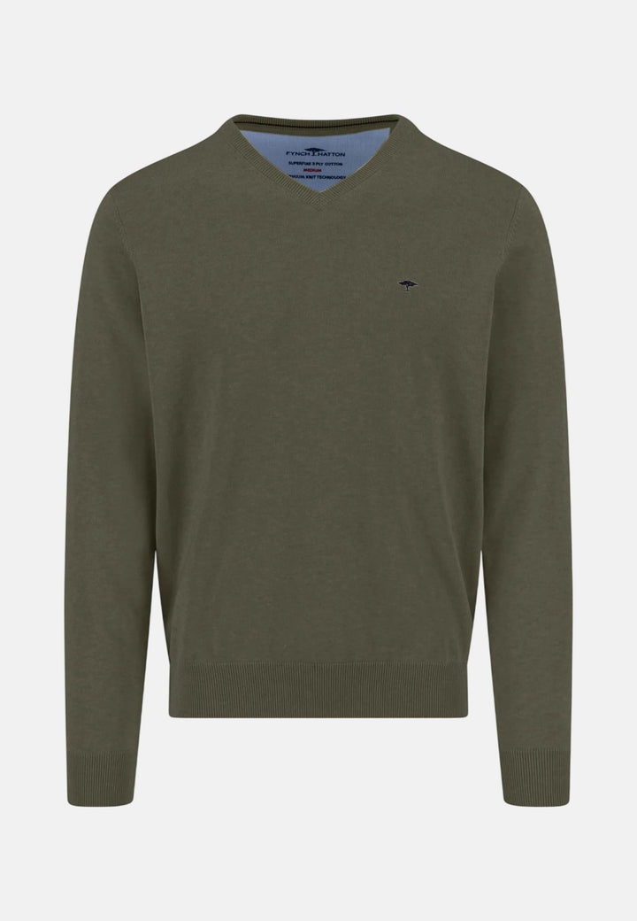 Fynch - Hatton V - Neck Fine Knit Cotton Sweater Dark Khaki - 1613211-719-M - fynch - hatton.co.uk