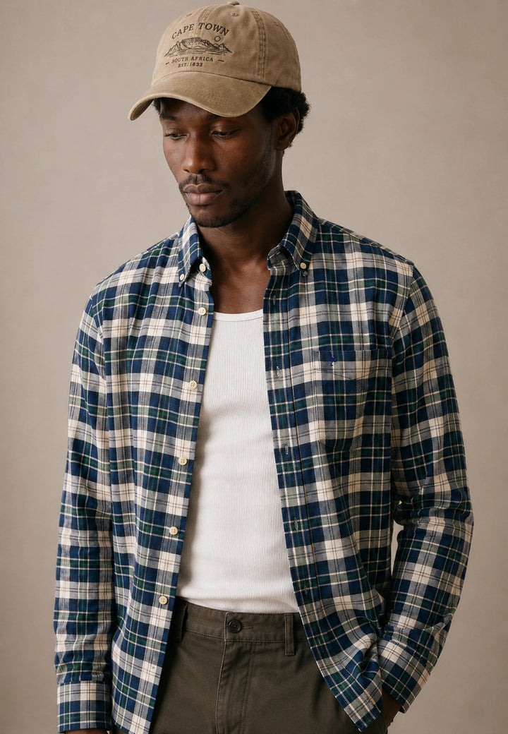 Fynch-Hatton Washed Oxford Check Button Down Shirt Teal 16078490-673-M