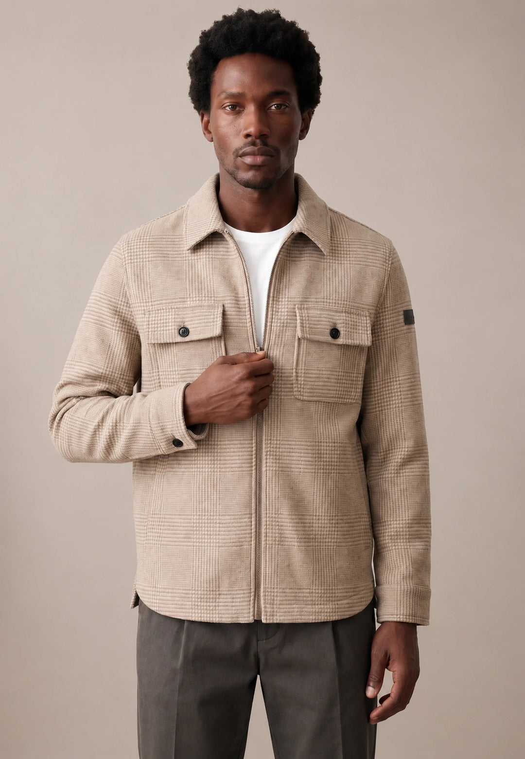 Fynch-Hatton Wool Blend Patch Pocket Check Overshirt Beige 16092424-833-M