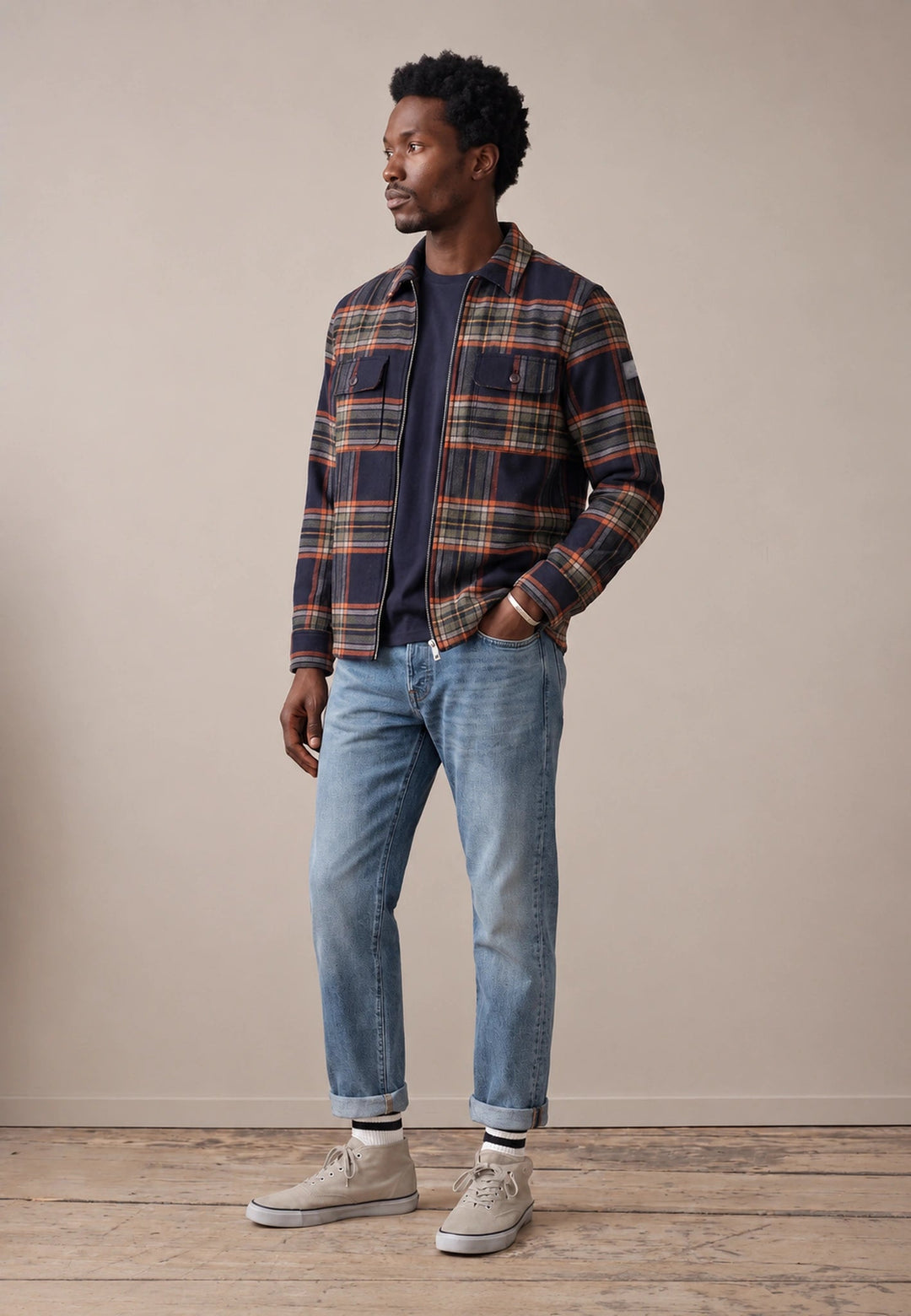 Fynch-Hatton Wool Blend Patch Pocket Check Overshirt Dark Navy 16092426-688-M