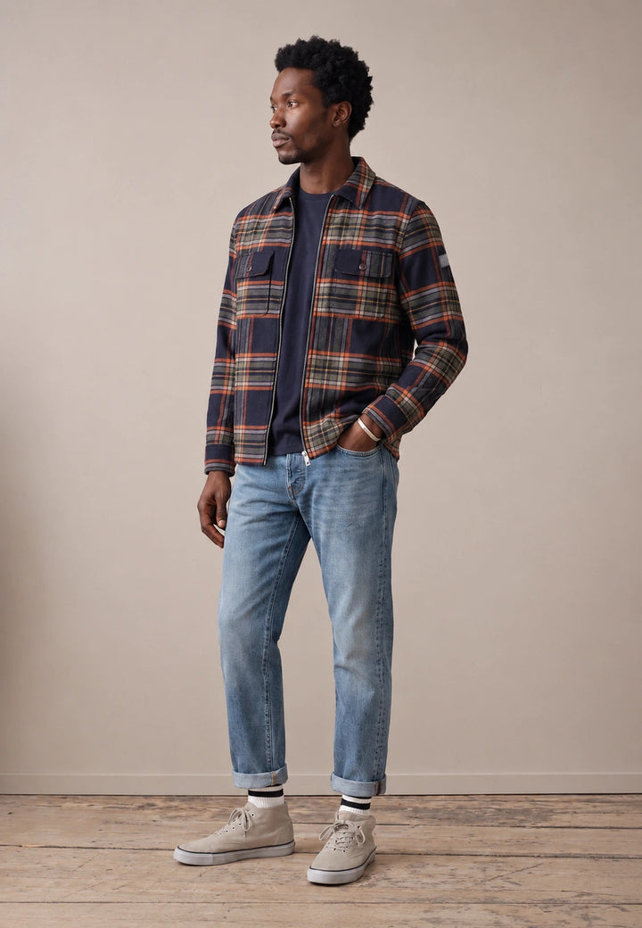 Fynch-Hatton Wool Blend Patch Pocket Check Overshirt Dark Navy 16092426-688-M
