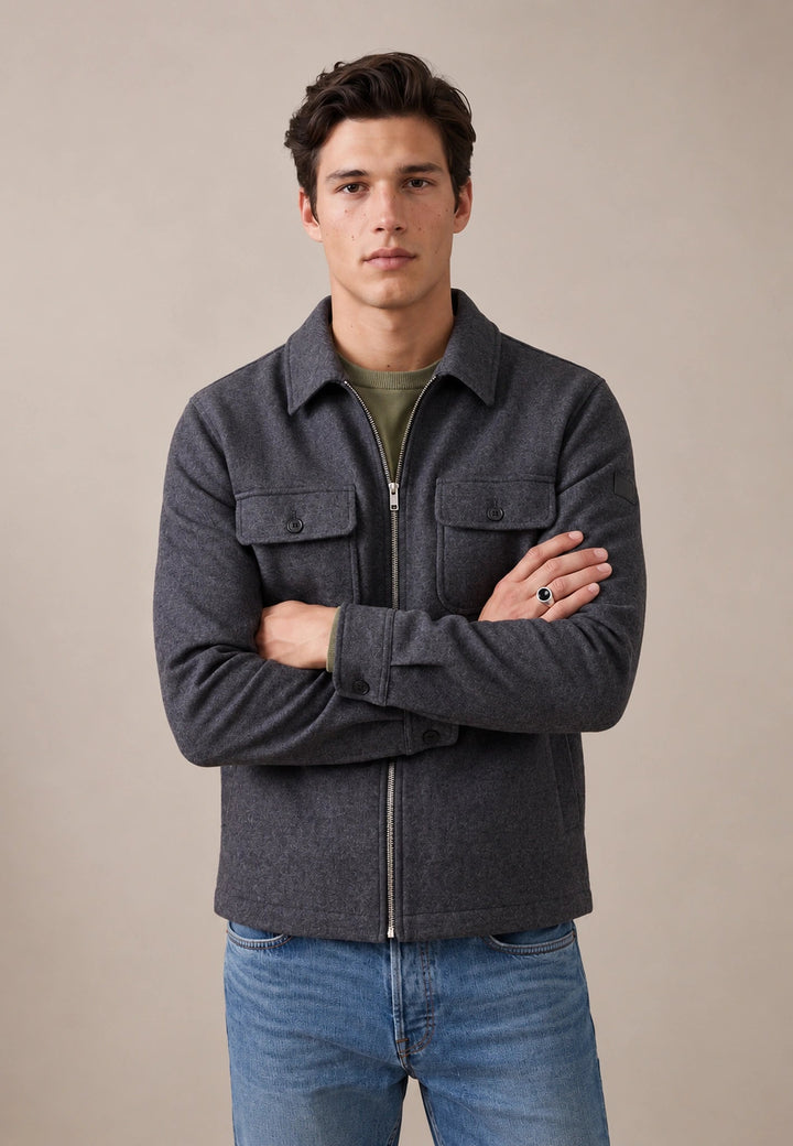 Fynch-Hatton Wool Blend Patch Pocket Zip Jacket Grey Melange 16092408-967-S