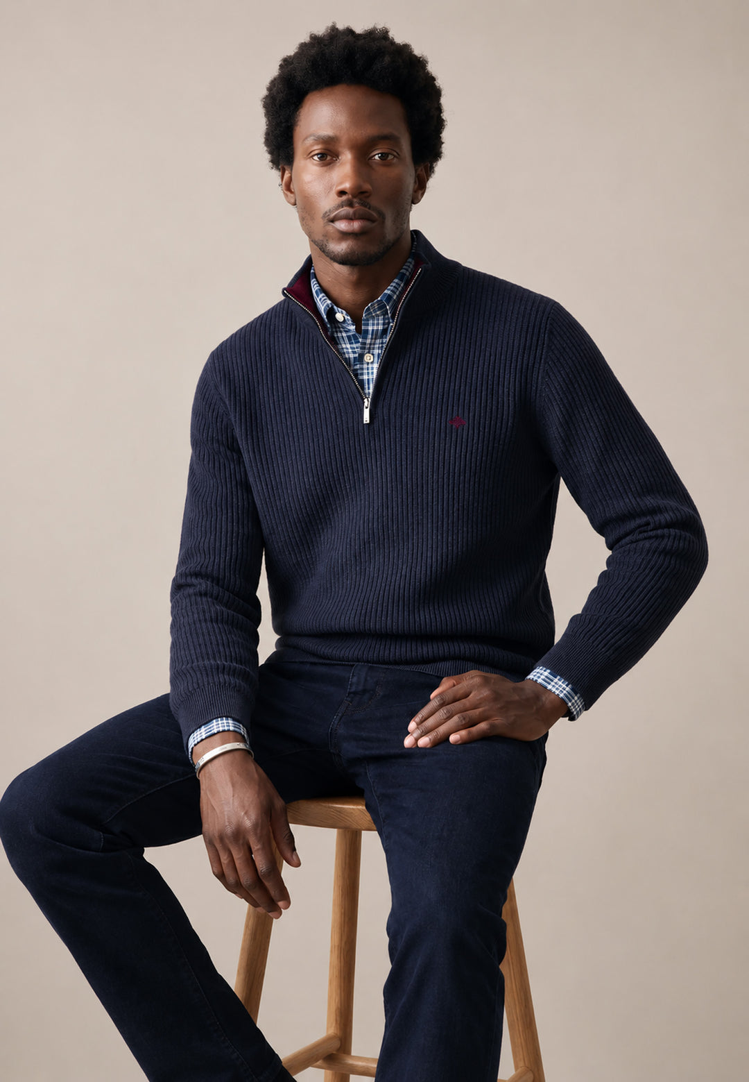 Ribbed Cotton 1/4 Zip Knit Navy