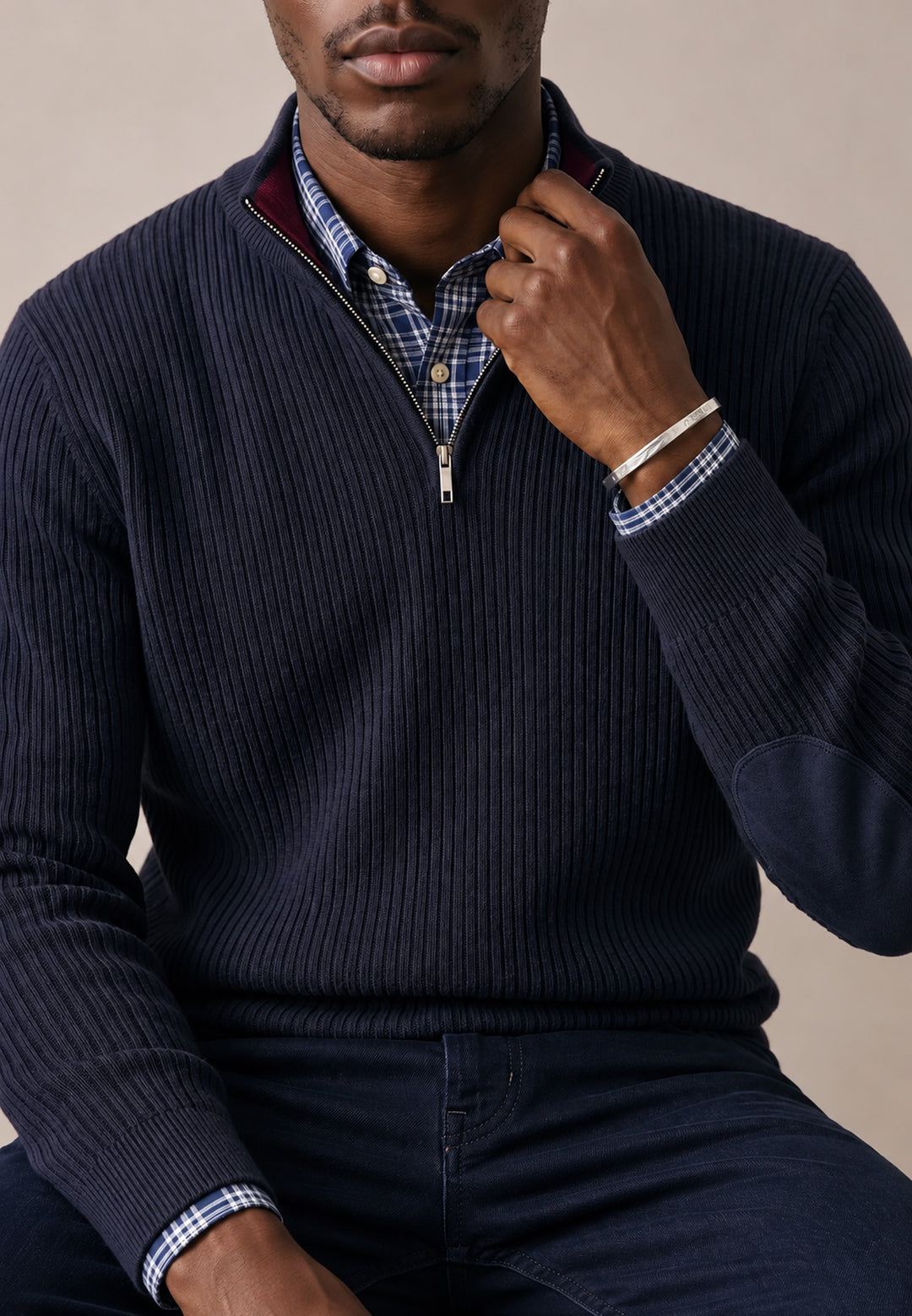 Ribbed Cotton 1/4 Zip Knit Navy