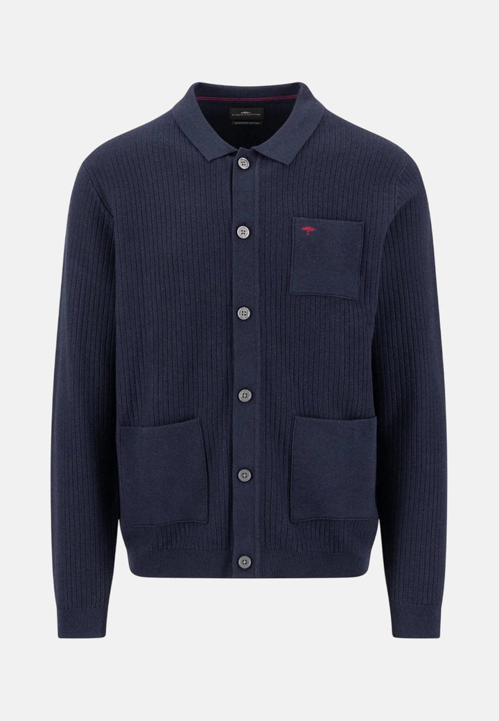Ribbed Fine Knit Cotton Cardigan Navy