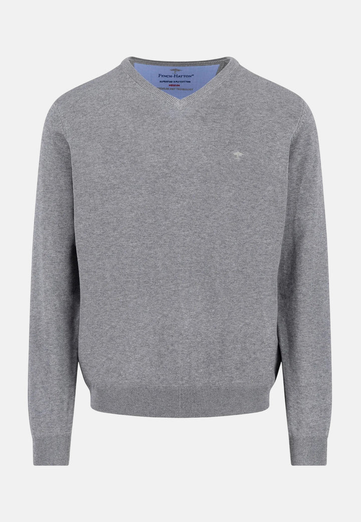 Fine Knit Cotton V-Neck Sweater Steel