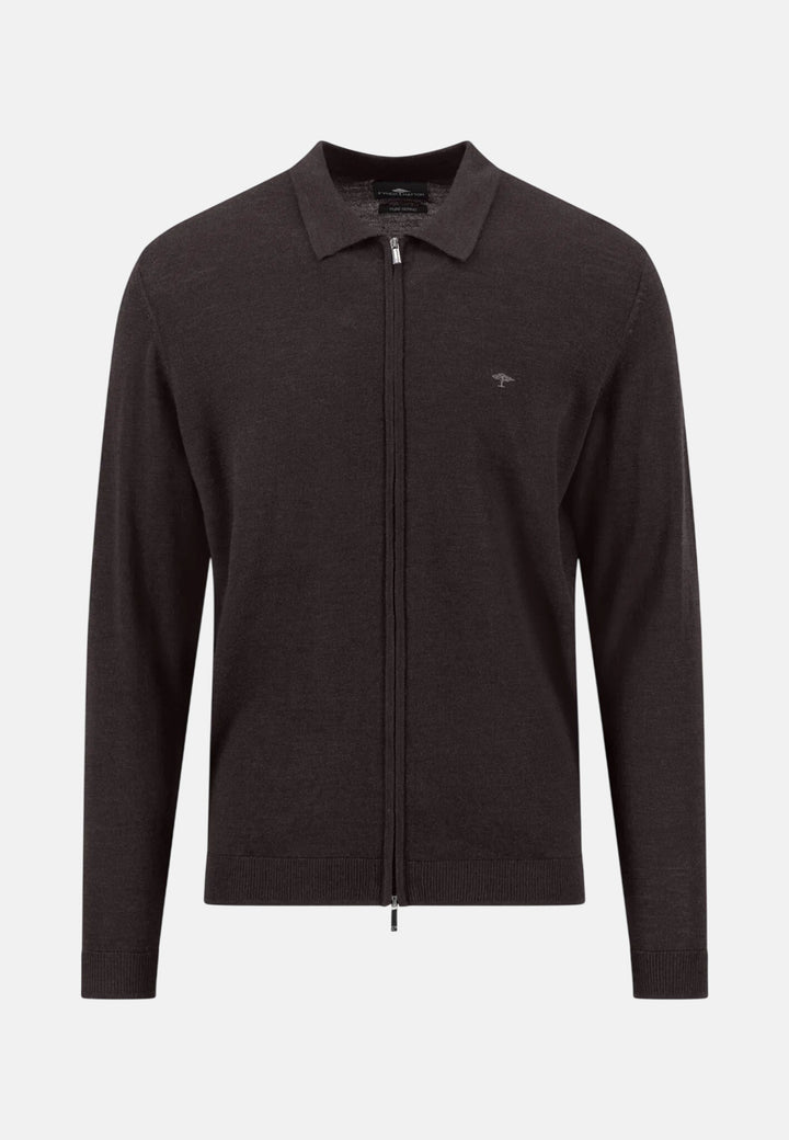 Merino Wool Fine Gauge Polo Collar Zip Cardigan Soil