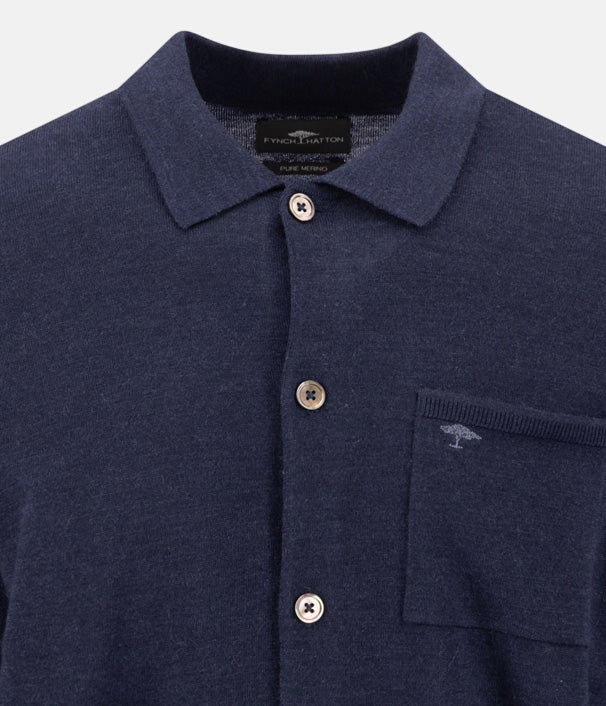 Merino Wool Fine Gauge Polo Button Cardigan Navy