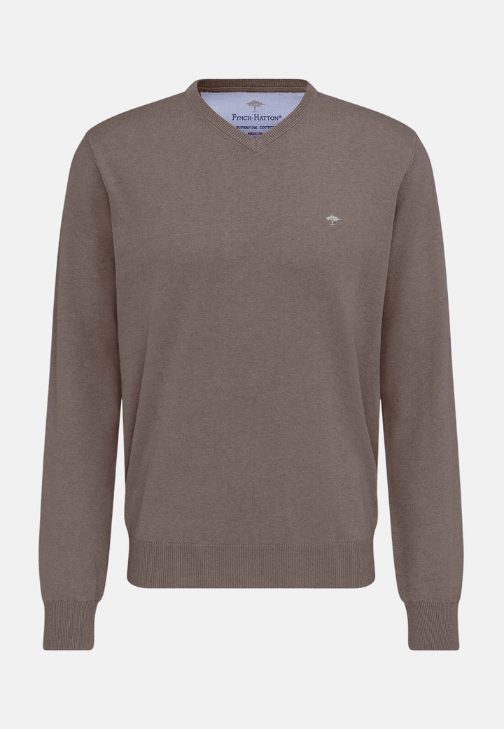 Fine Knit Cotton V-Neck Sweater Earth