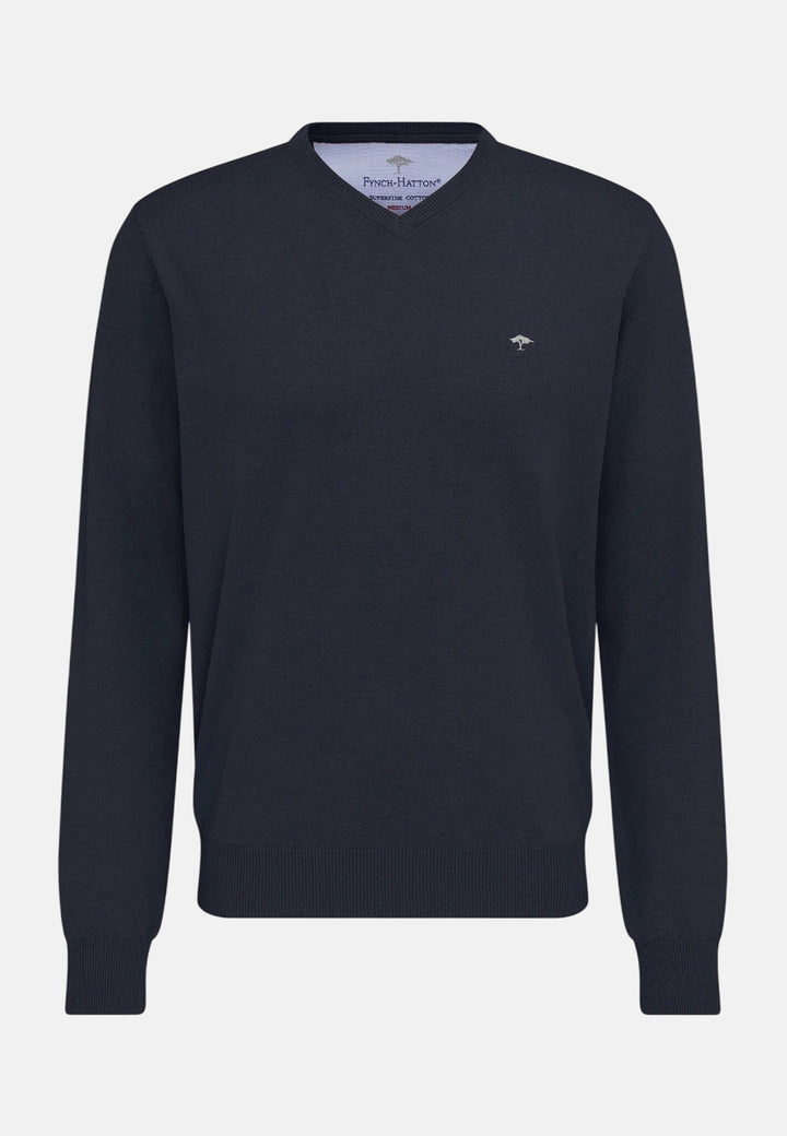 Fine Knit Cotton V-Neck Sweater Navy
