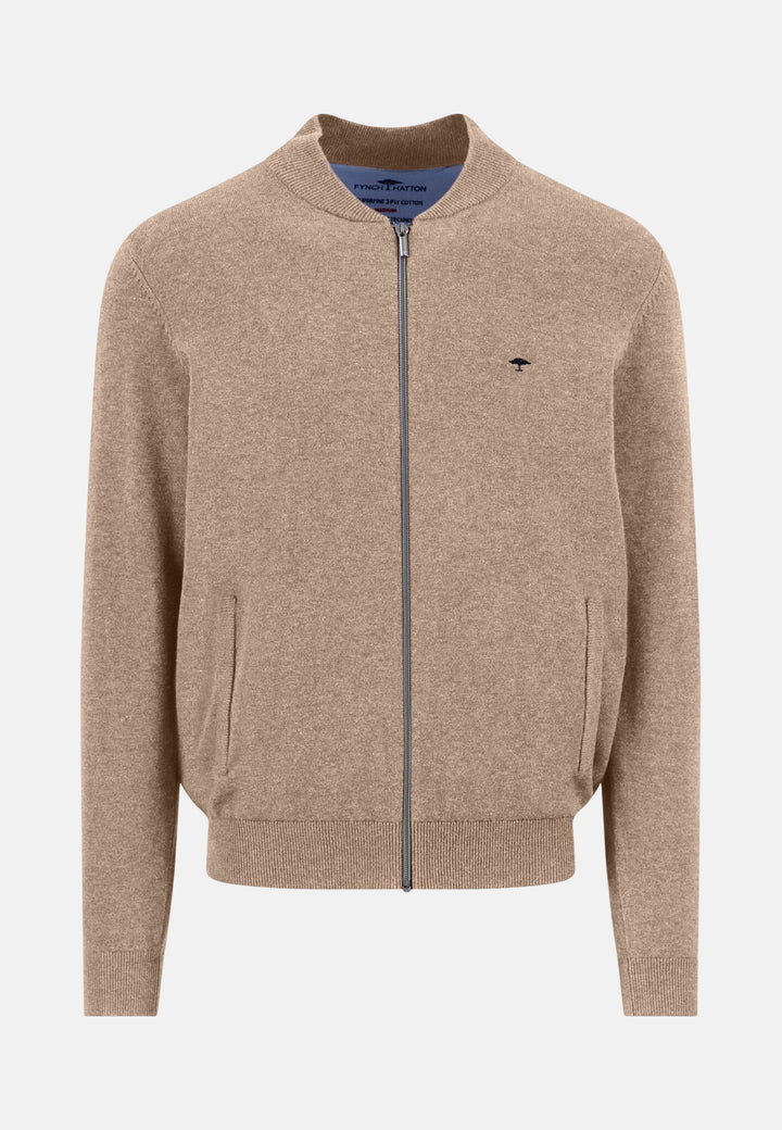 Fine Knit Cotton Zip Cardigan Taupe