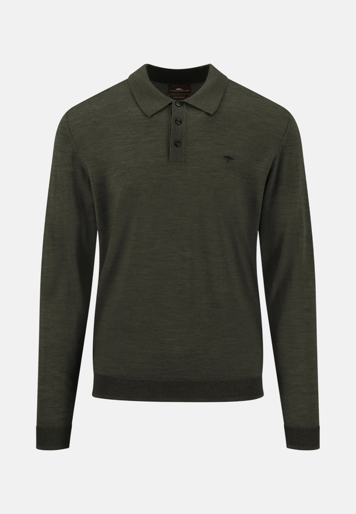 Merino Wool Fine Gauge Polo Collar Knit Cypress