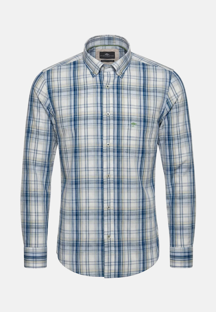Cotton Check Button Down Shirt Harbour Blue